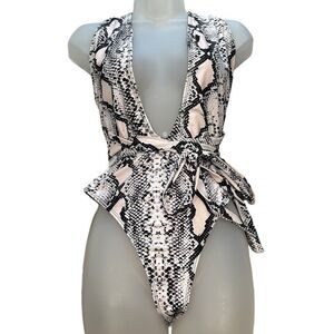 Snake Skin Pattern Deep Cut Wrap Around Cheeky One Full-piece Bikini Swimsuit